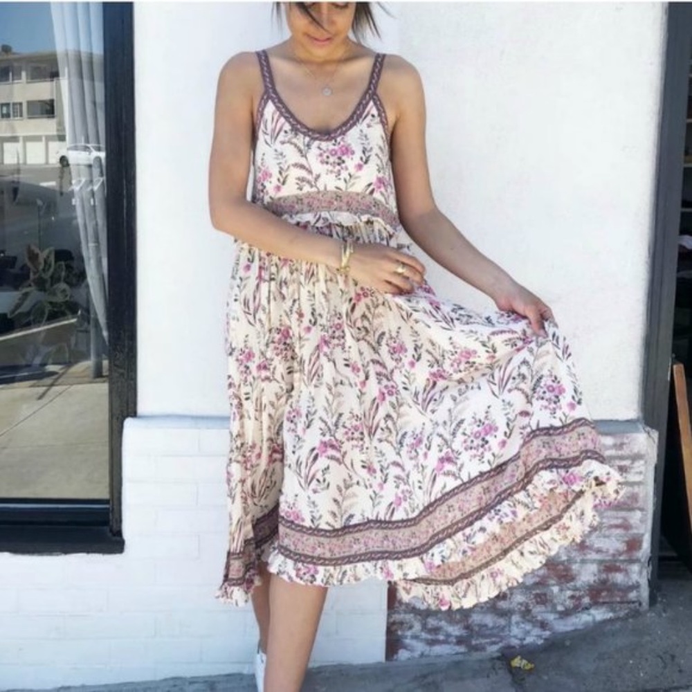 Bohemian Gypsy Cream Pink Floral Print Cami Midi Dress - Picture 2 of 4